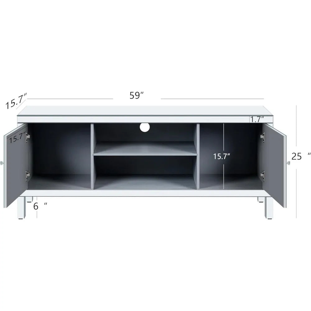Mirrored TV Stand, Silver TV Cabinet with 2 Storage Cabinets and Open Shelves, 60" TV Cabinet for Living Room, Entertainment Cen