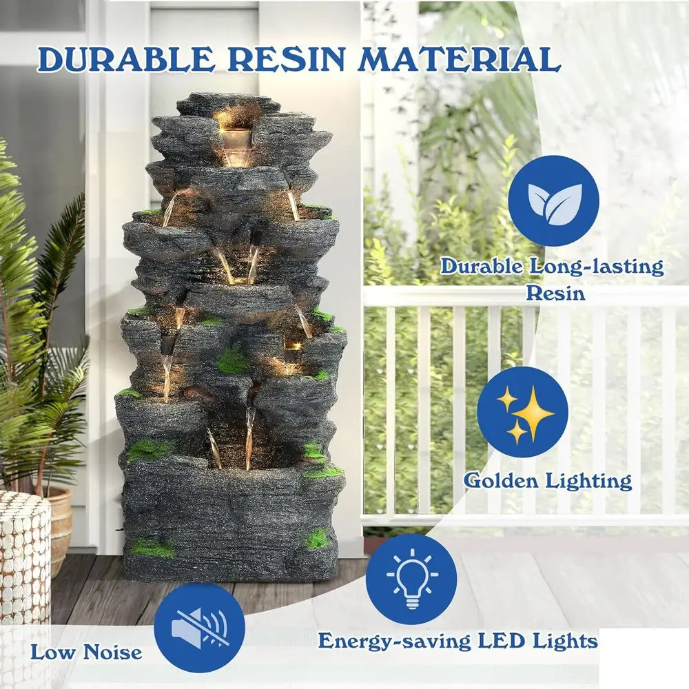 40''H Outdoor Water Fountain - Garden Rock Waterfall Fountains, Outdoor/Indoor Floor Standing Resin Water Fountain with 10 LED L