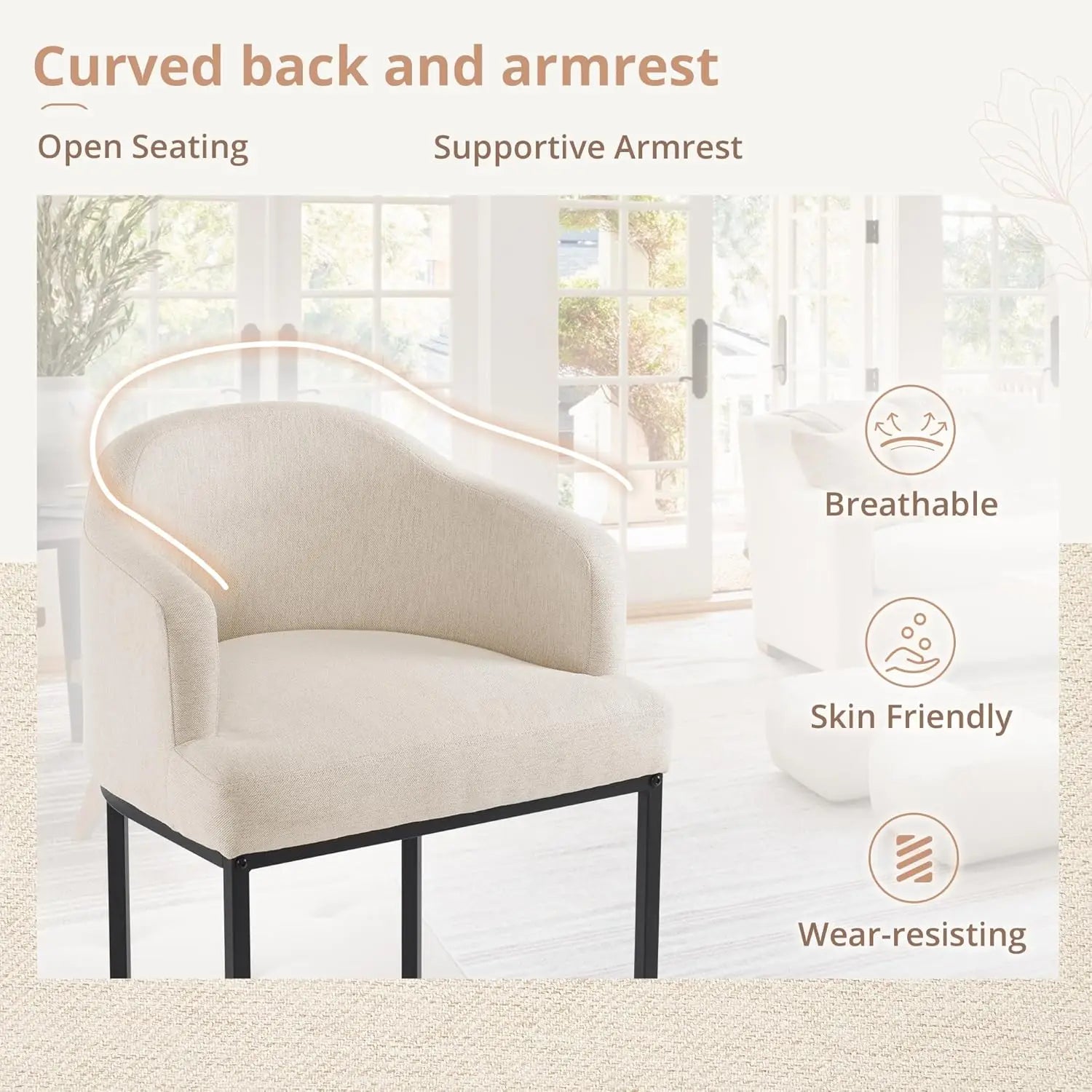 27″ Counter-Height Bar Stools – Modern Stools with Curved Back & Arms (Set of 3)