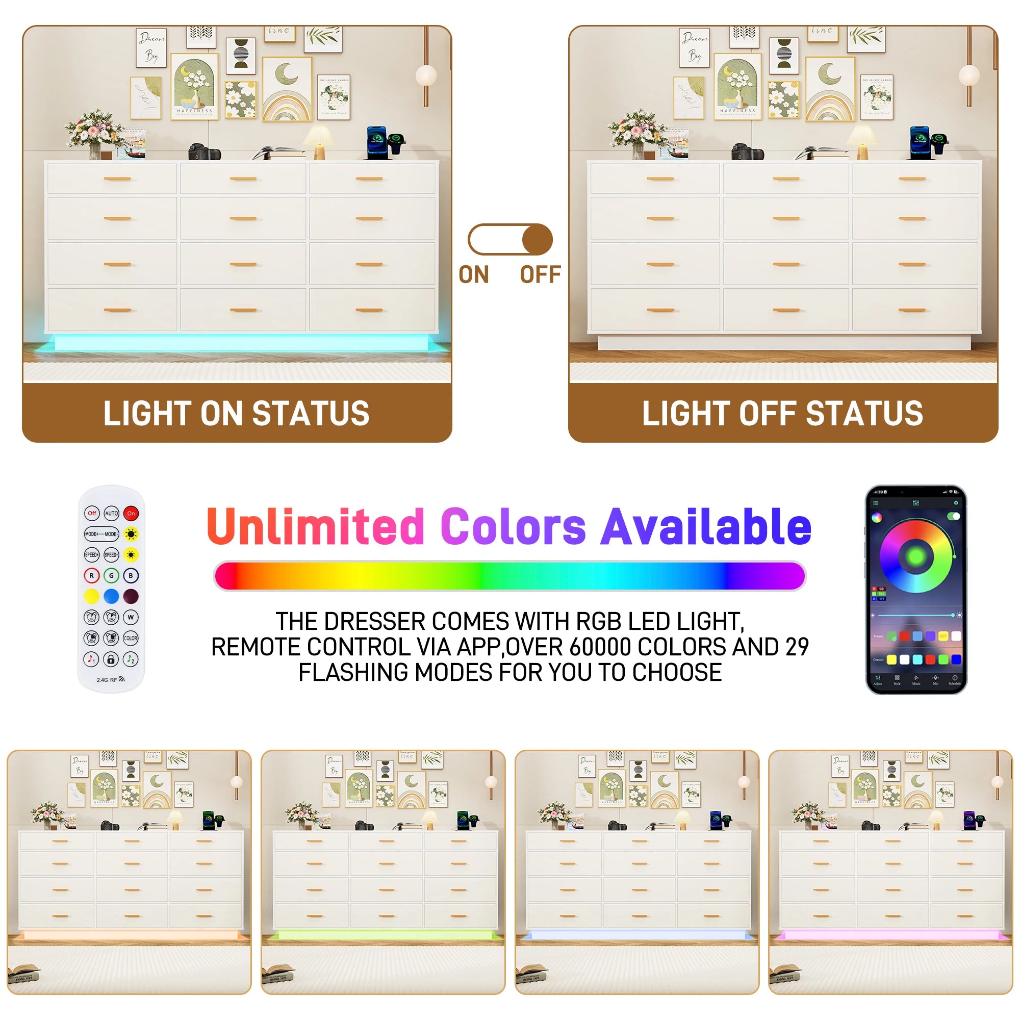 63'' Modern Chest of Drawers with Power Outlets & LED Lights, 12 Drawer Dresser for Bedroom, Wood Dresser for Living Room