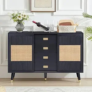 Sideboard Buffet Cabinet with Storage, 47" Rattan Kitchen Storage Cabinet with 2 Slide Doors and 4 Drawers, Accent Cabinets with