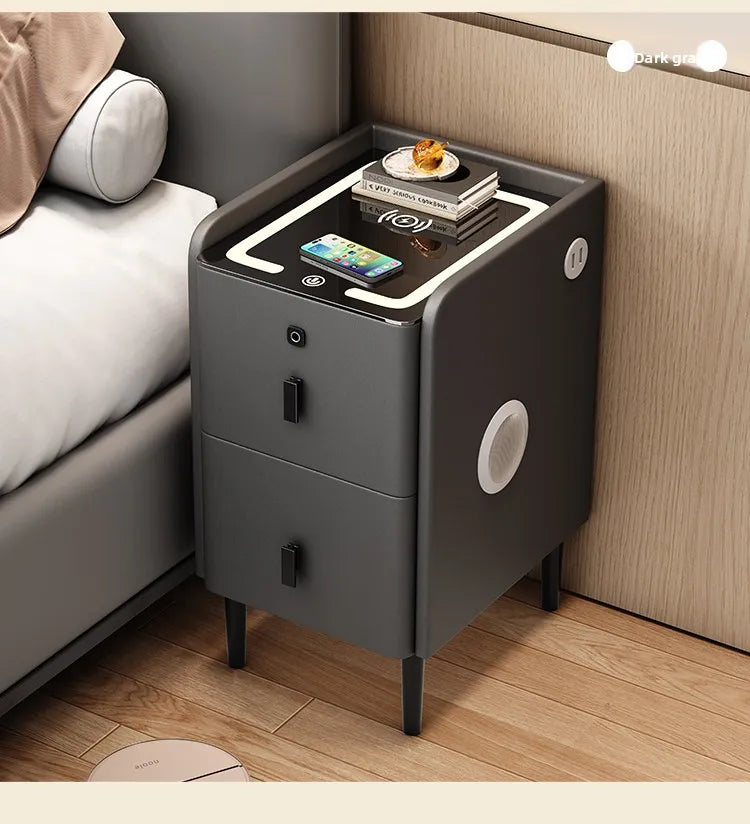 Ultra Narrow Smart Nightstand Luxury Bedside Table Minimalist Solid Wood Storage Cabinet Compact Bedroom Organizer with Charging