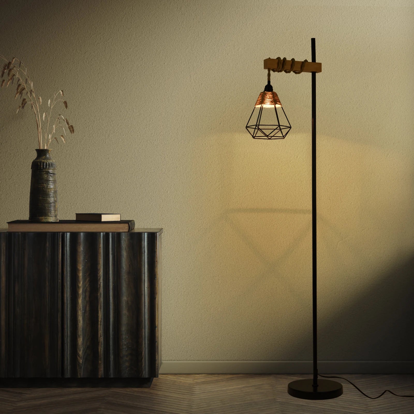 Bymaocar 110V Retro Smart Floor Lamp Durable Tall Standing Lamp Adjustable Height with Rattan Lampshade & Extended Power Cord