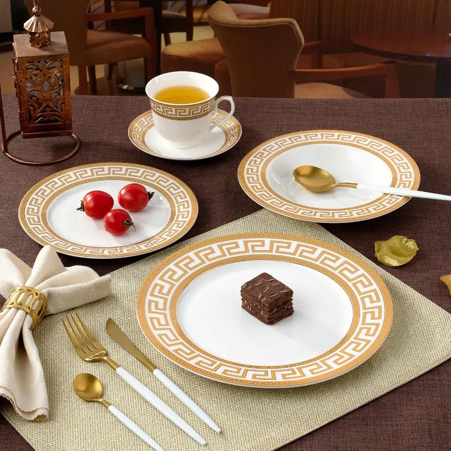 20Piece Bone China Dinnerware Set Service for 4 White and Golden Greek Key