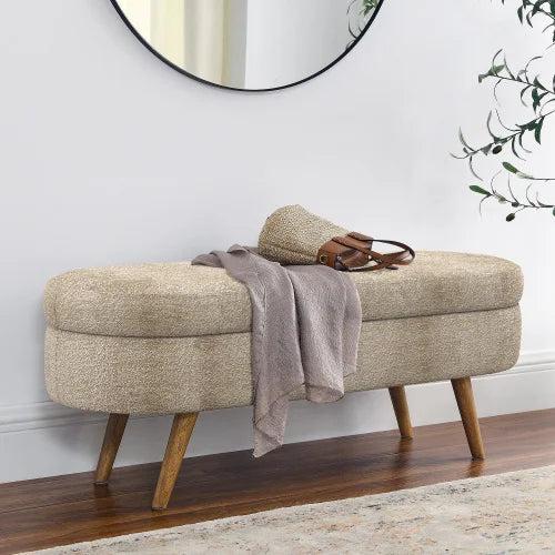 Bouclé Storage Ottoman Bench – 43.8″ Oval Flip-Top with Wood Legs
