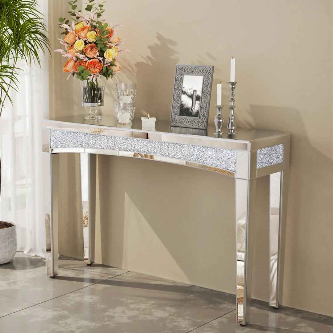 Silvered Mirrored Console Table Sparkle Crush Diamonds Entryway Table Sofa Behind Furniture