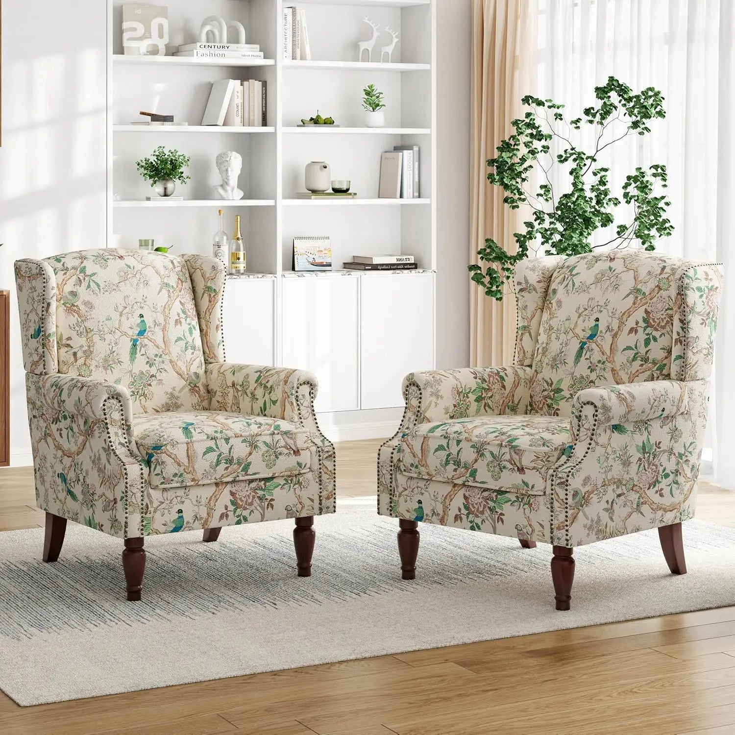 Floral Accent Chairs – Set of 2 High-Back Retro Wingback Armchairs