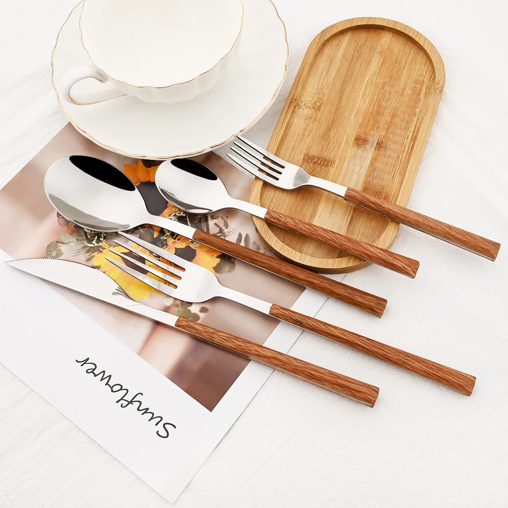 20Pcs Creative Rose Tableware Imitation Wood Handle Cutlery Set Knife Dessert Fork Spoon Dinnerware Set Stainless Steel Flatware