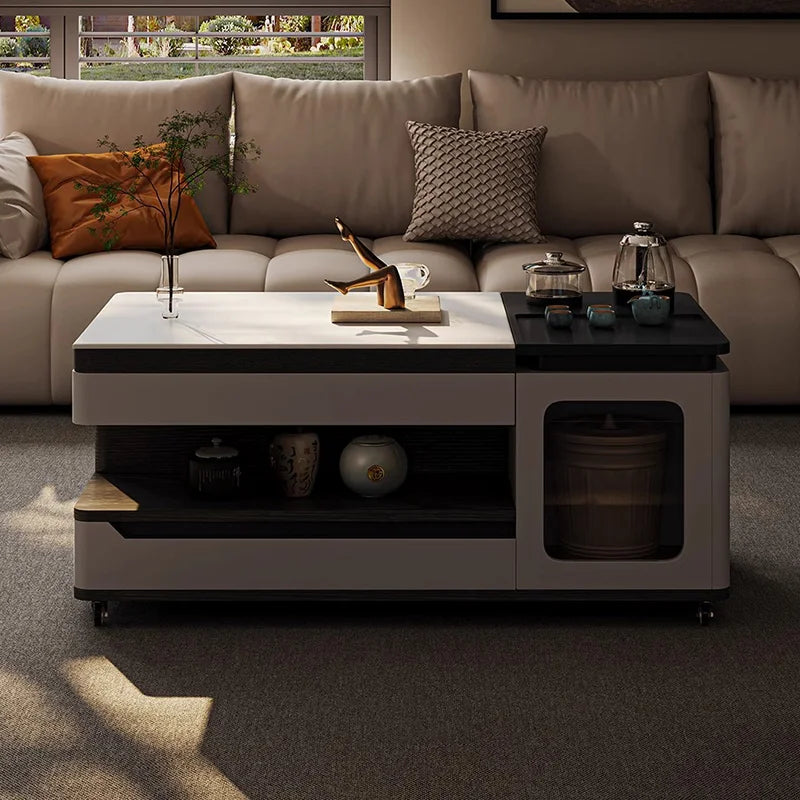 All-in-One Mobile Tea Table with Casters – Modern Coffee Table with Hidden Storage