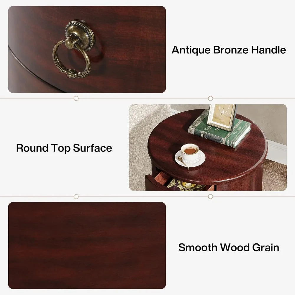 Solid Wood End Table, Round Side Table with 4 Drawers, Vintage Bedside Table Nightstand for Small Spaces, Living Room, Bedroom,