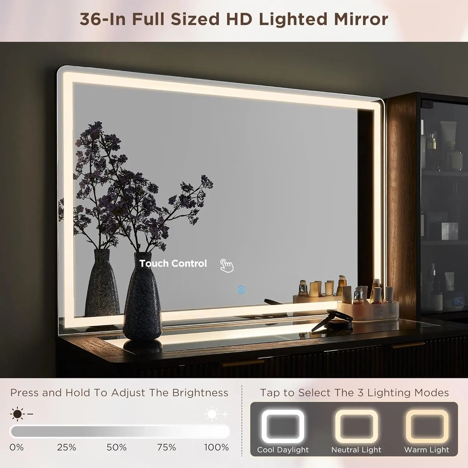 Fluted Makeup Vanity Desk 48' with HD Lighted Mirror, 5 Drawers & Shelves, Glass Top, Dark Walnut