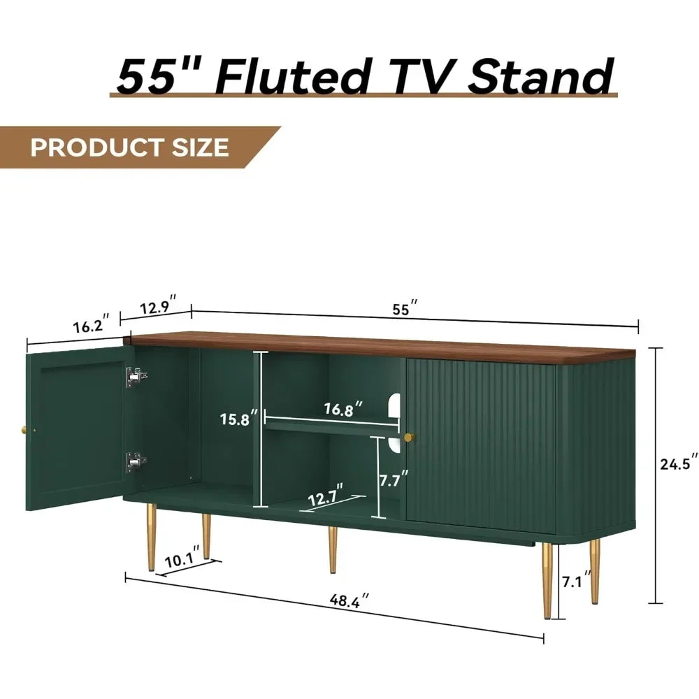 55” Fluted TV Stand, Mid Century Modern Green TV Stand for 55/60/65 inch TV, Entertainment Center with Storage,