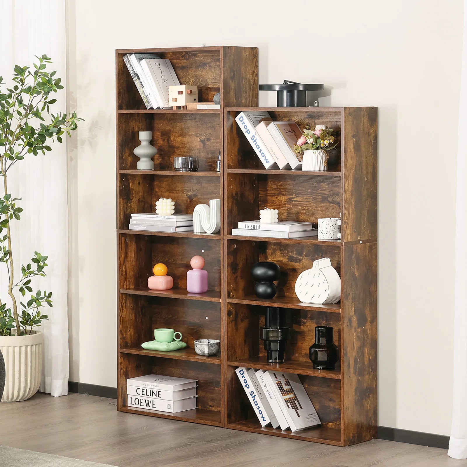 6-Tier Wooden Shelf Bookcase – 63″ Tall Floor-Standing Open Bookshelf