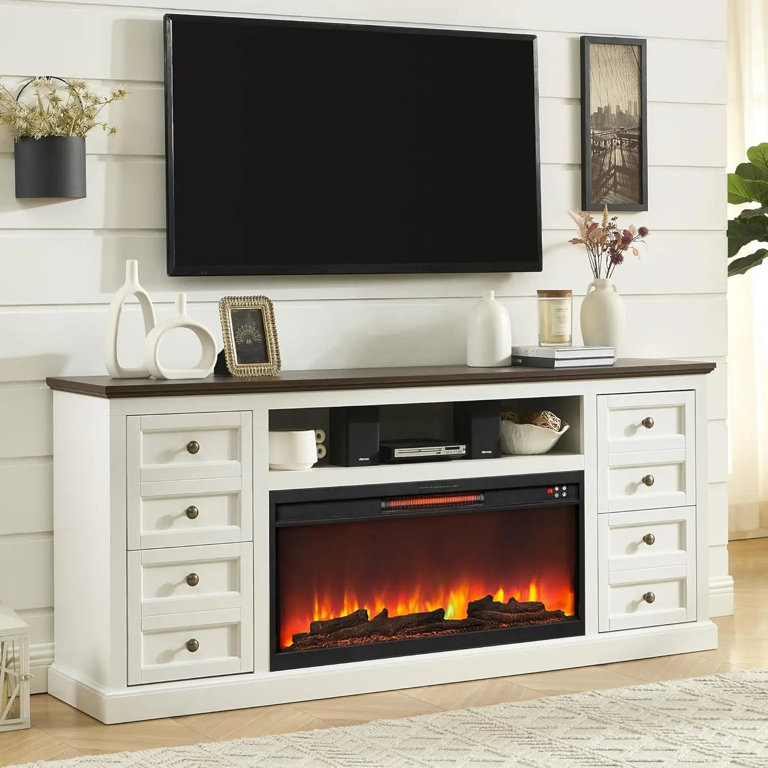 70" Fireplace TV Stand for 80" TVs | 36" Electric Fireplace Console w/ Drawer Storage | Media Center for Living/Bedroom