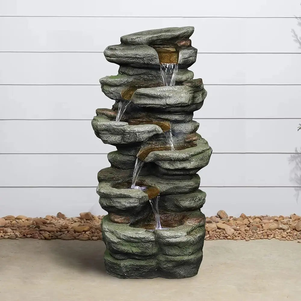 6-Tier Rock Waterfall Fountain with LED Lights, 30.7 Outdoor Home Garden Decor