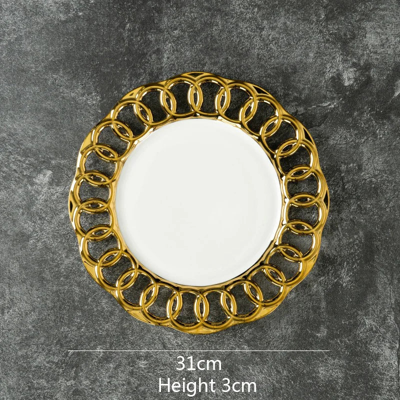 Gold-Plated Hollow-Out Ceramic Serving Plate – Decorative Steak, Dessert & Salad Plate