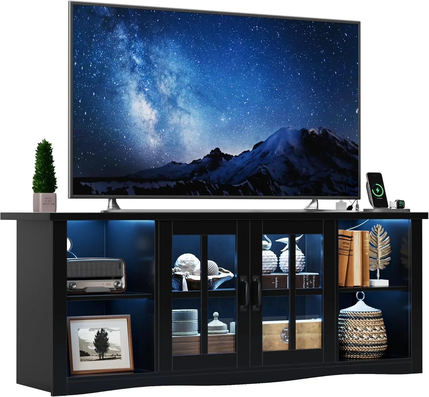 Farmhouse LED TV Stand with Power Outlet,for Televisions up to 65 Inches,Wood Entertainment Center with Glass Door Storage