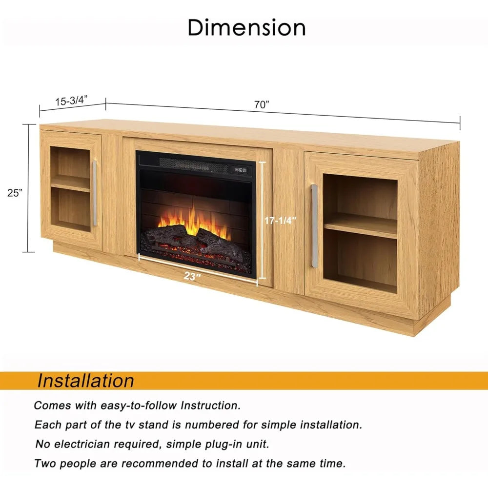 3D Fireplace TV Stand for TVs up to 80’’, Wooden Media Entertainment Center Table & TV Cabinets w/Storage Shelves & Barn Door