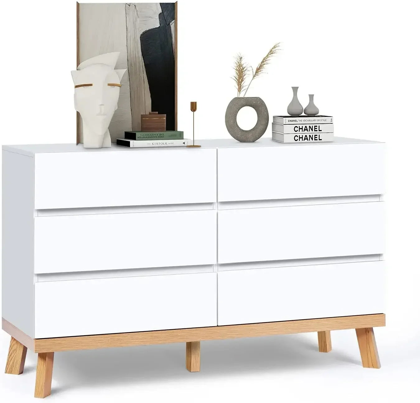 White Dresser for Bedroom 6 Drawer Double Dresser Chest of Drawers Large Storage Cabinet Wooden Dresser for Bedroom (White)