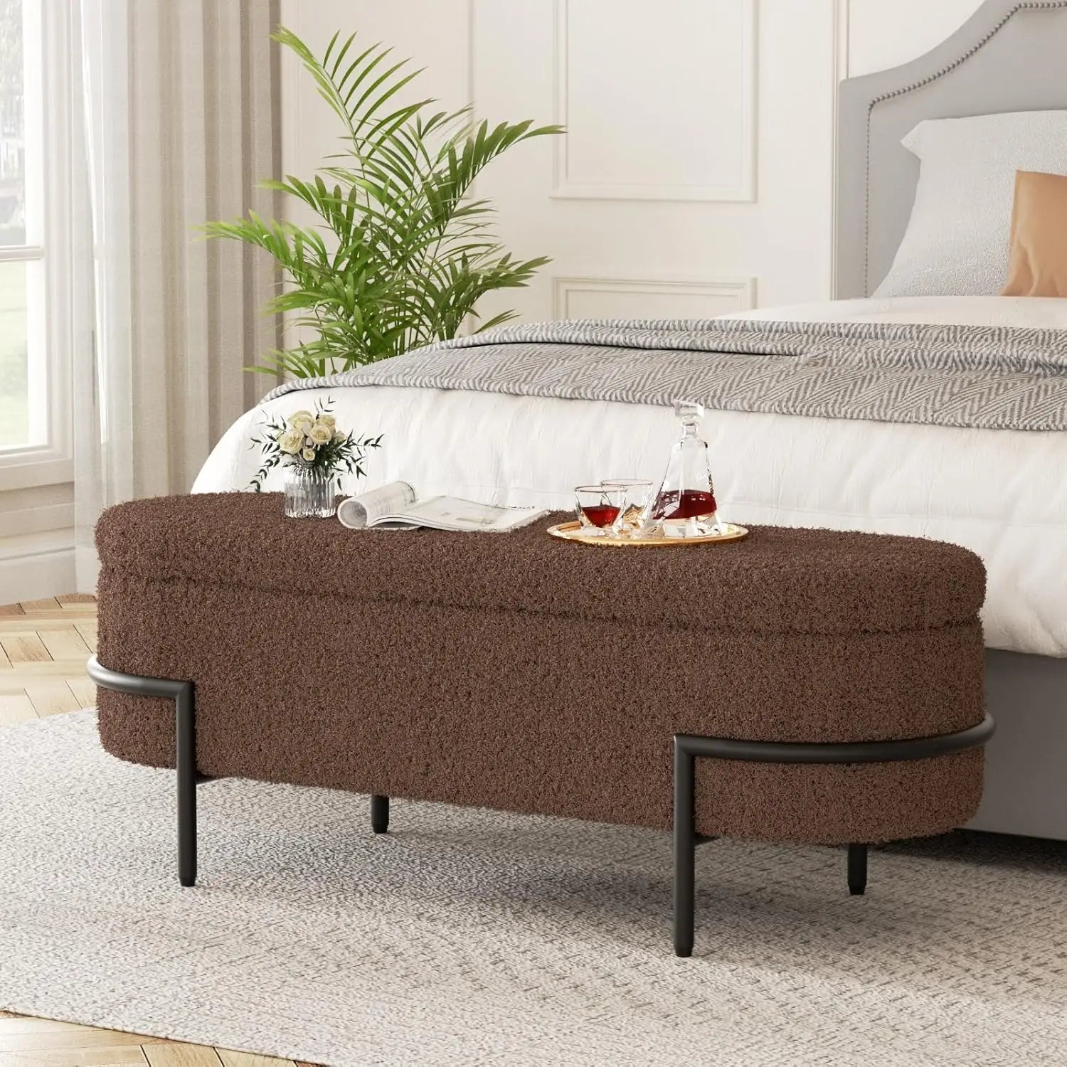 Sherpa Upholstered Storage Ottoman Bench – Metal Stand Living Room Bench