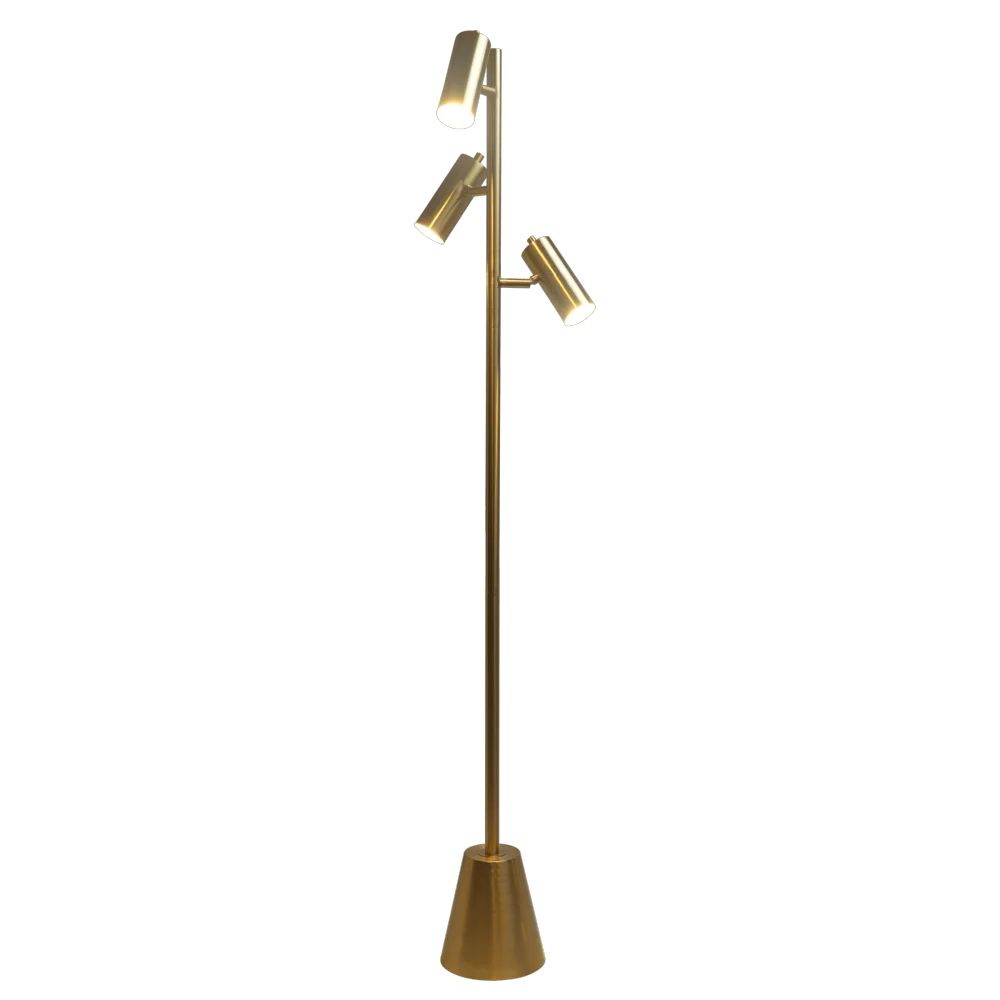 Lumina Brassed Gold Floor Lamp Rotary Switch Triple Spots Metal Cone Base The Elegantly Designed Lumina Brassed Gold Floor Lamp