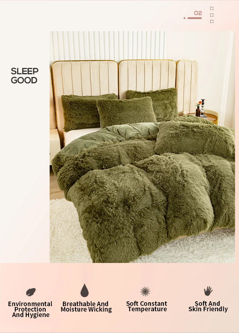 3-Piece Faux Fur Velvet Duvet Cover Set - Soft, Warm, Plush Bedding with Solid Color Design, 1 Duvet Cover and 1/2 Pillowcase, W