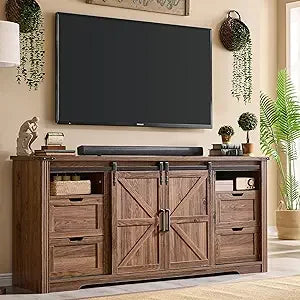 Farmhouse TV Stand for 75+ Inch TV, 32" Tall Entertainment Center w/4 Drawers & Sliding Barn Door, Rustic Media Console w/Stora