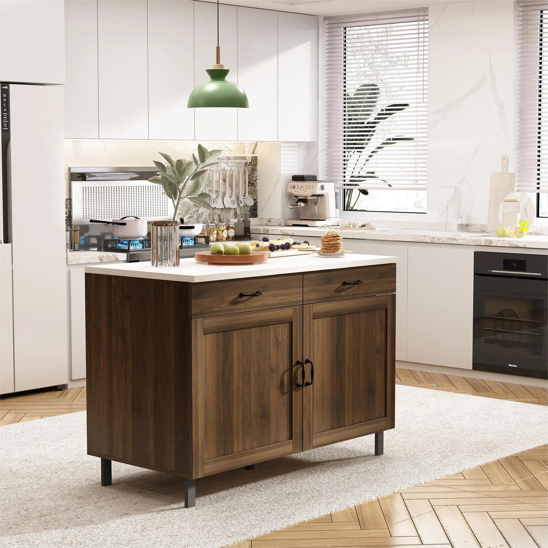 FUFU&GAGA Kitchen Island Sideboard with 2 Drawers & 2 Doors, Buffet Storage Cabinet with Marbling Top & Metal Handles, Brown