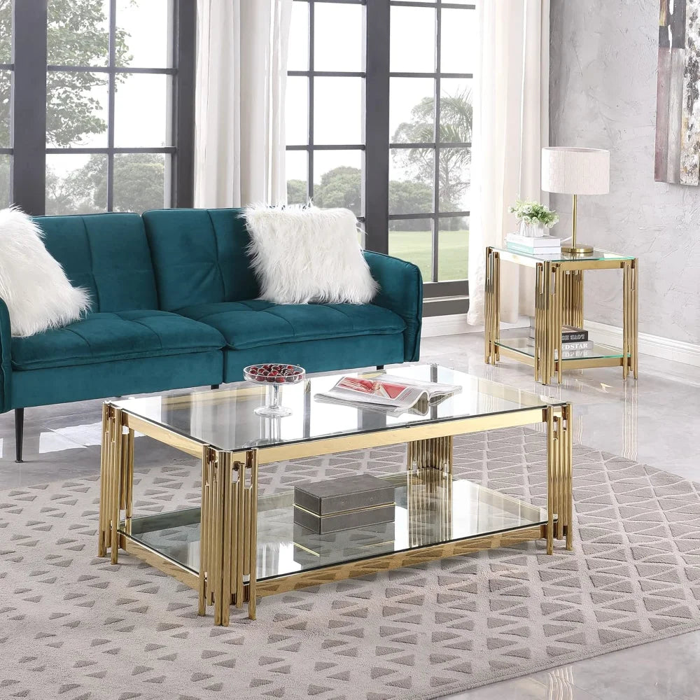 48” Gold & Glass Rectangular Coffee Table – Modern Center Table with Stainless Steel Legs
