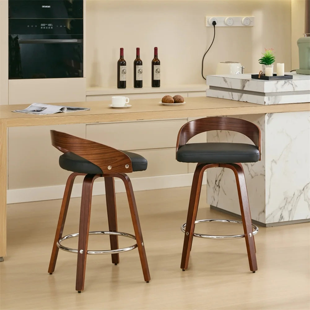 Swivel Bar Pub Stools with Low Back – Wood Legs (Set of 2)