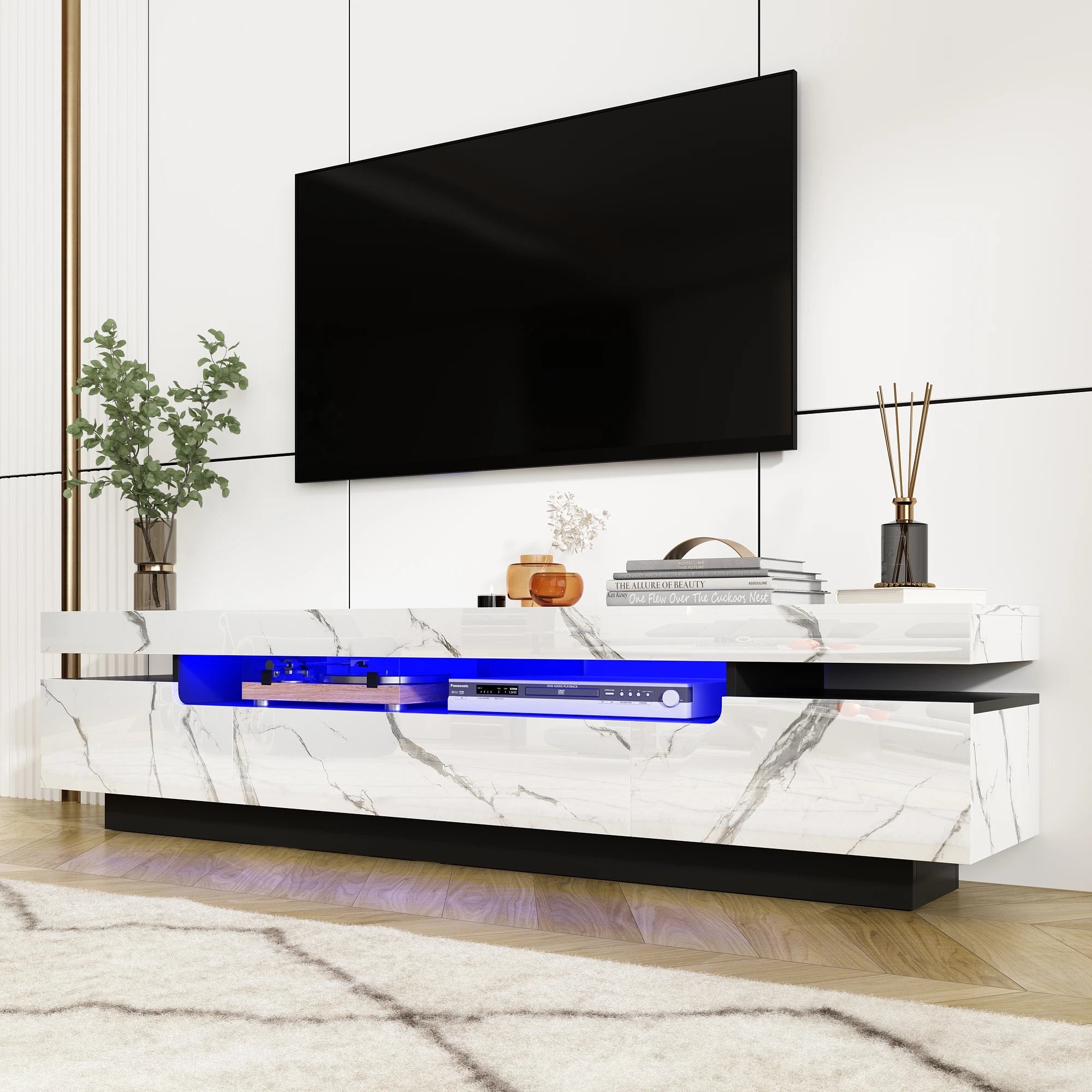 71In LED TV Stand for 75/80 Inch TV, Modern Gaming TV Cabinet for Living Room, High Gloss Entertainment Center with Storage