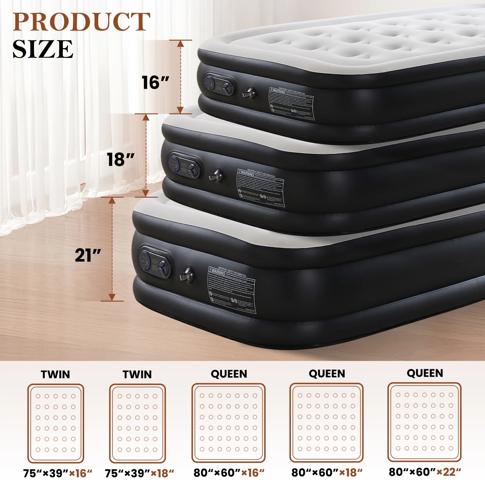 JHK Queen Twin Size Air Mattress Blow Up Double Height Non-Slip Bottom Weight Capacity 660 lbs Air Bed for Bed Home or Camping