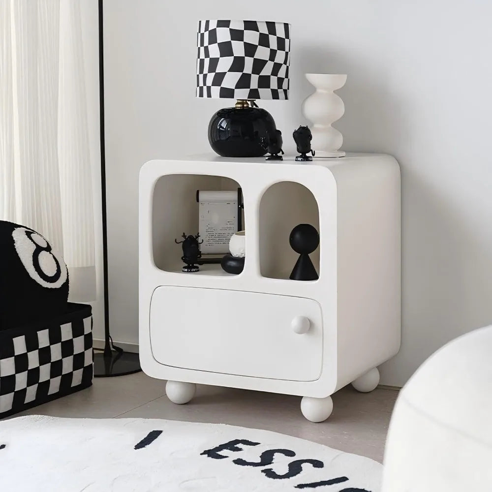 Contemporary White Nightstand with Open Shelf and Drawer, Compact End Table for Bedroom Use