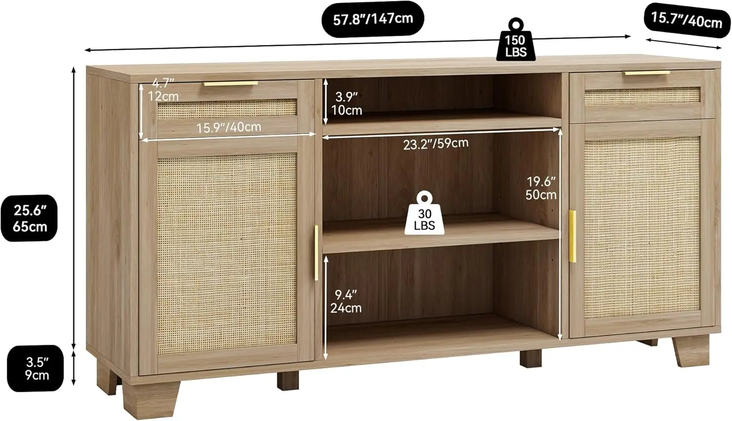 Rattan TV Stand for up to 65 Inch, Boho Media Console with Drawers & Adjustable Shelves, Natural Oak
