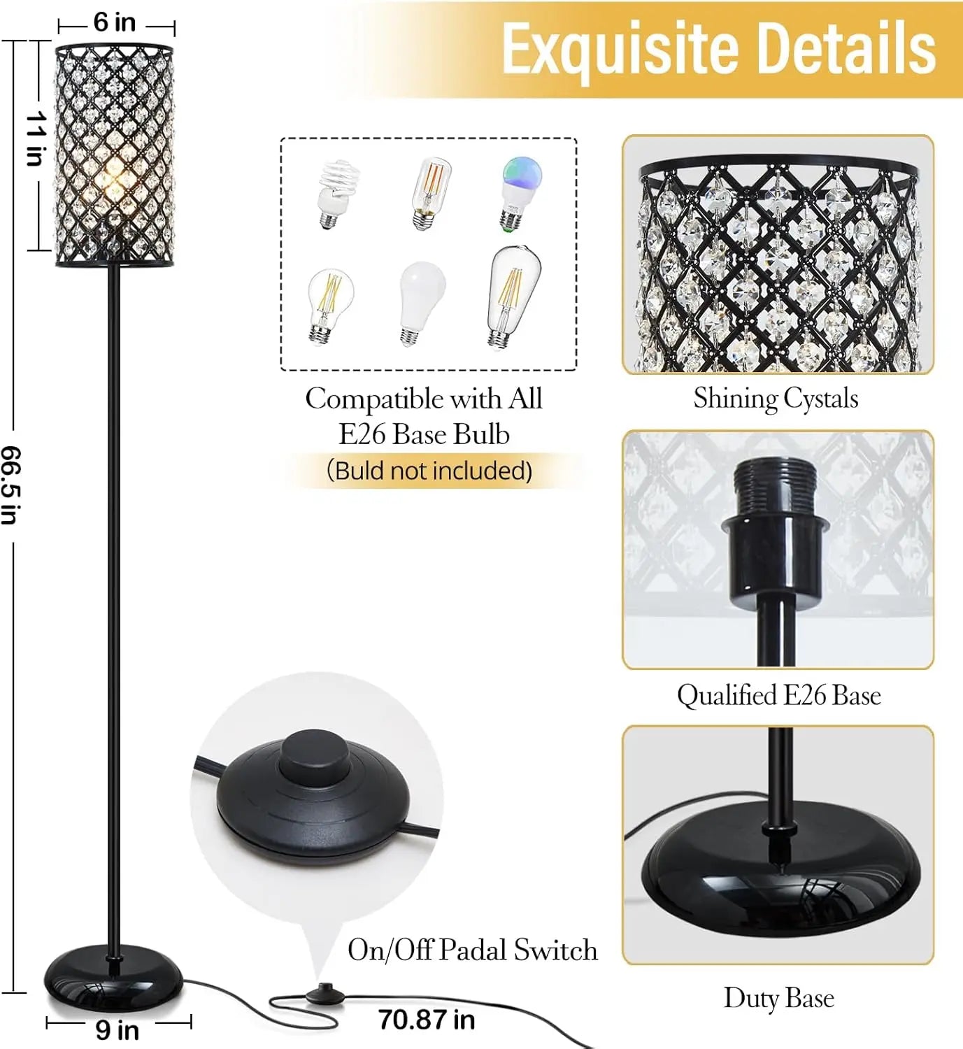 Crystal Floor Lamp, Modern Black Standing Lamp with Foot Switch, Tall Accent Light for Living Room, Bedroom, Office