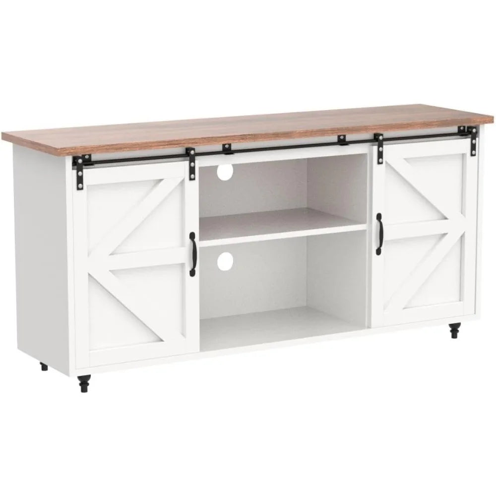 Farmhouse Coffee Bar Cabinet with Storage – 58″ Sideboard Buffet with Sliding Barn Door (White)