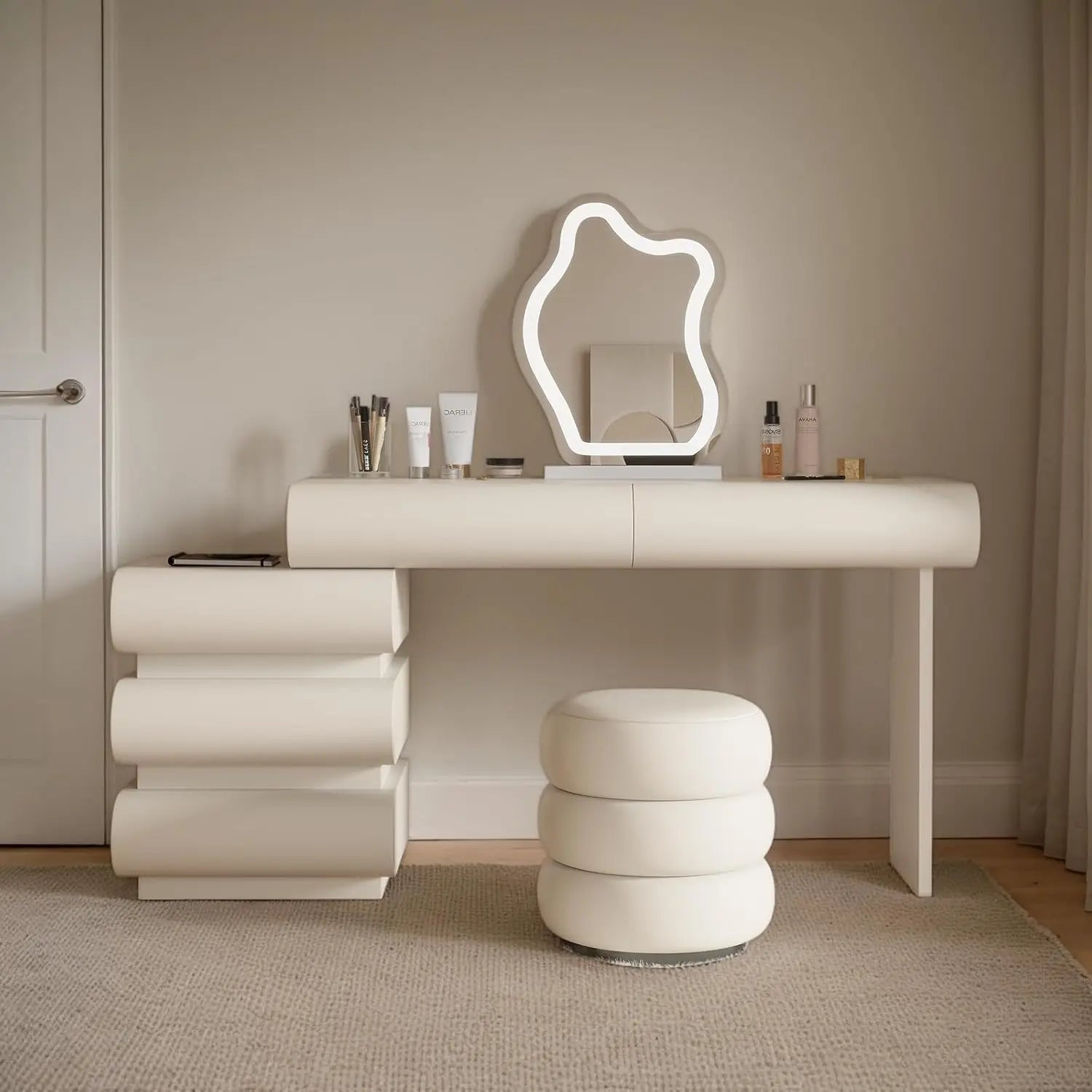 Makeup Vanity Desk with Mirror and Lights, Luxury Vanity Set with Side Cabinet, Microfibre Leather Wrapped Dressing  Table