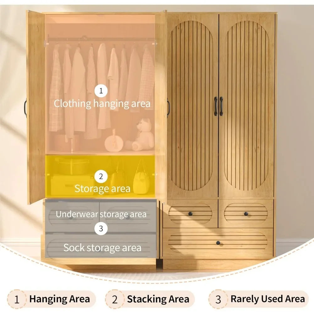 Fluted Wardrobe Closet with Doors Cabinet with Drawers Clothing Storage with Hanging Rod And Shelves for Bedroom Organization