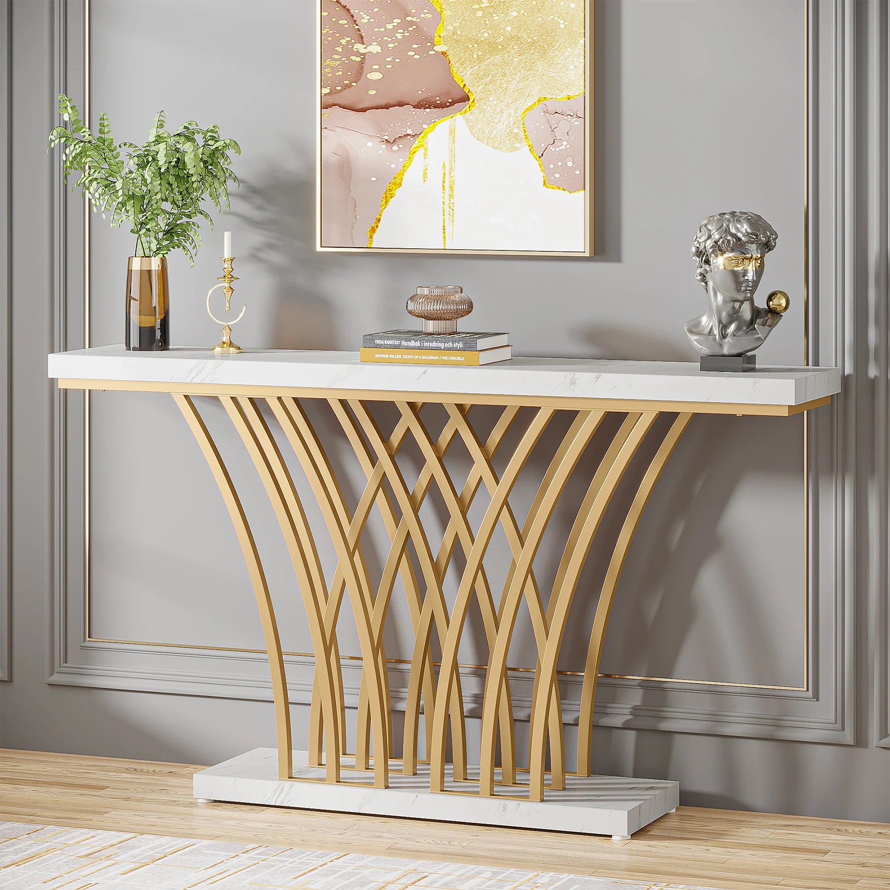 59 inch Gold Console Table, Modern Entryway Table with Grid-Shaped Metal Base for Entrance, Hallway, Entryway
