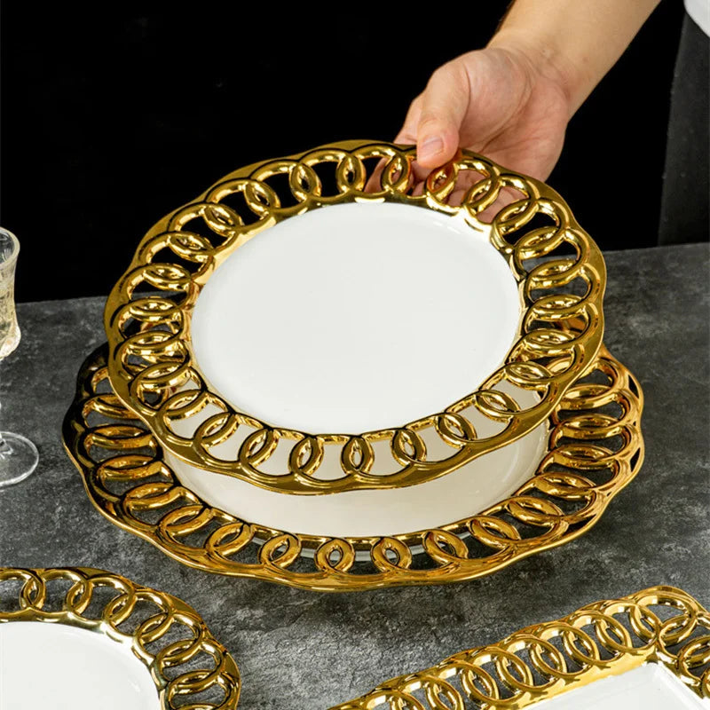 Gold-Plated Hollow-Out Ceramic Serving Plate – Decorative Steak, Dessert & Salad Plate