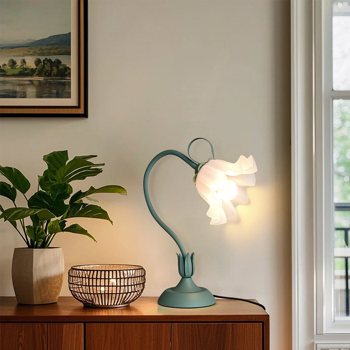 Vintage bedside lamp, flower lamp, living room decoration lamp, (color: green)E26LED lighting, adjustable direction lamp