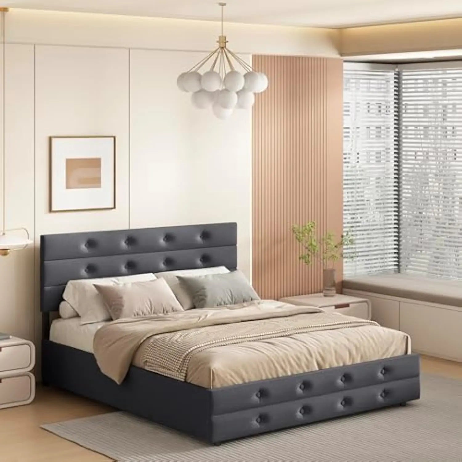 Upholstered Queen Size Platform Bed Frame with Storage Drawers & Trundle – Button Tufted Headboard