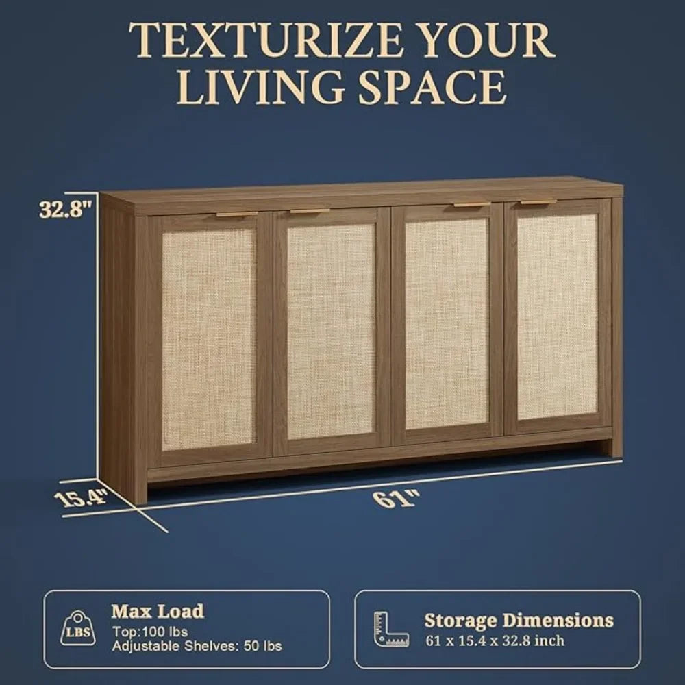 Rattan 4-Door Storage Sideboard Cabinet with Adjustable Shelves, Boho Accent Buffet Cupboard Console for Kitchen