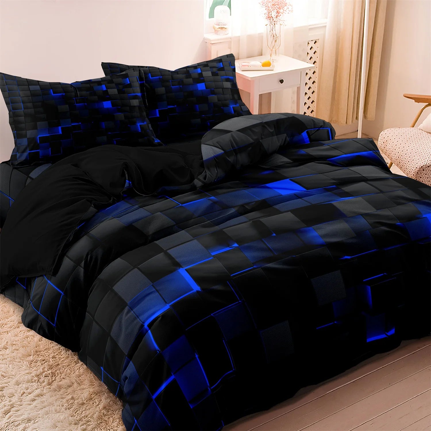 3pcs 3D Digital Print Energy Block Geometric Cube Modern Grid Plaid Checked Bedding Set  Includes 1*Duvet Cover & 2*Pillowcases