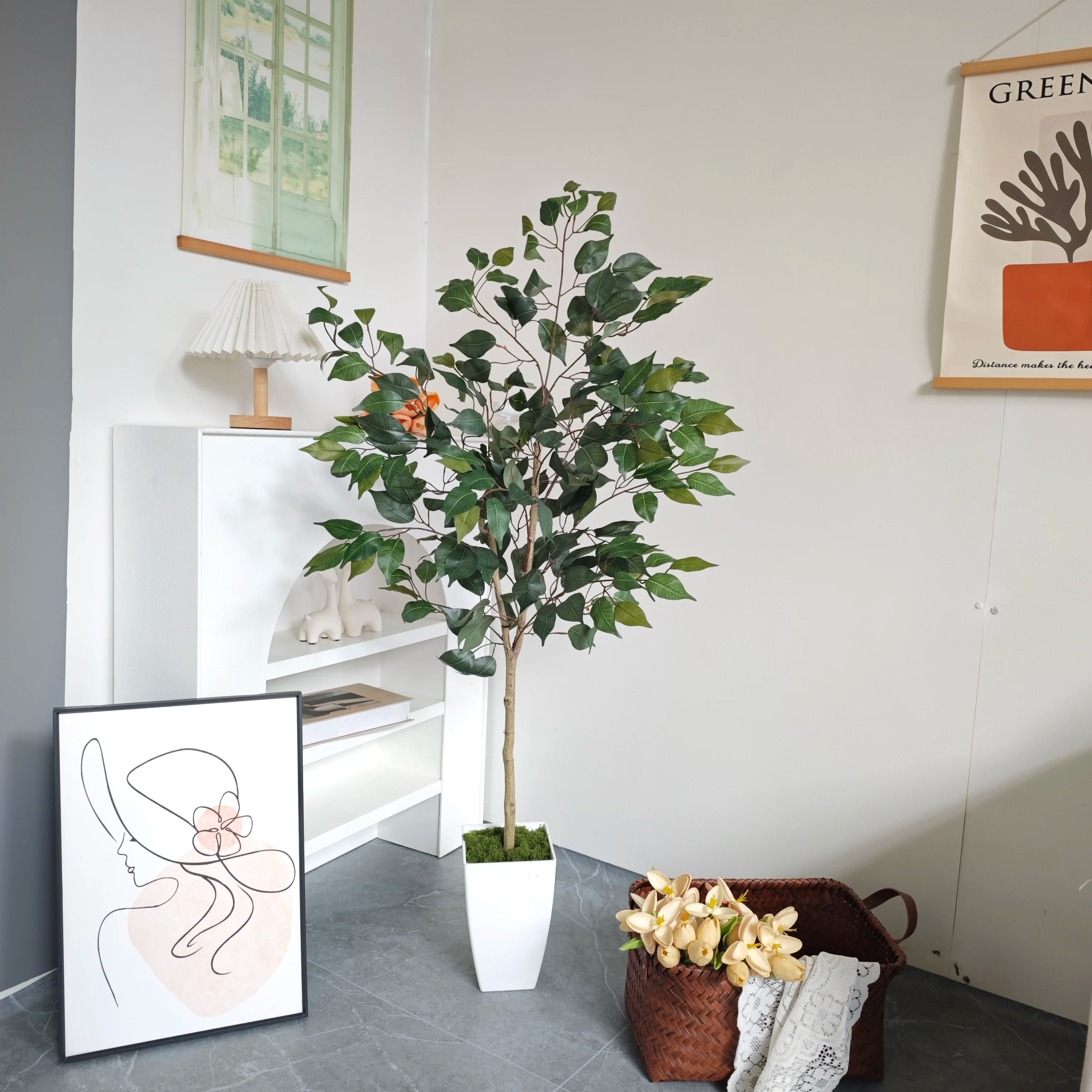 4.27ft Artificial Ficus Banyan Tree with Plastic Pot morden Indoor ornament fake plant for home Garden balcony living room decor