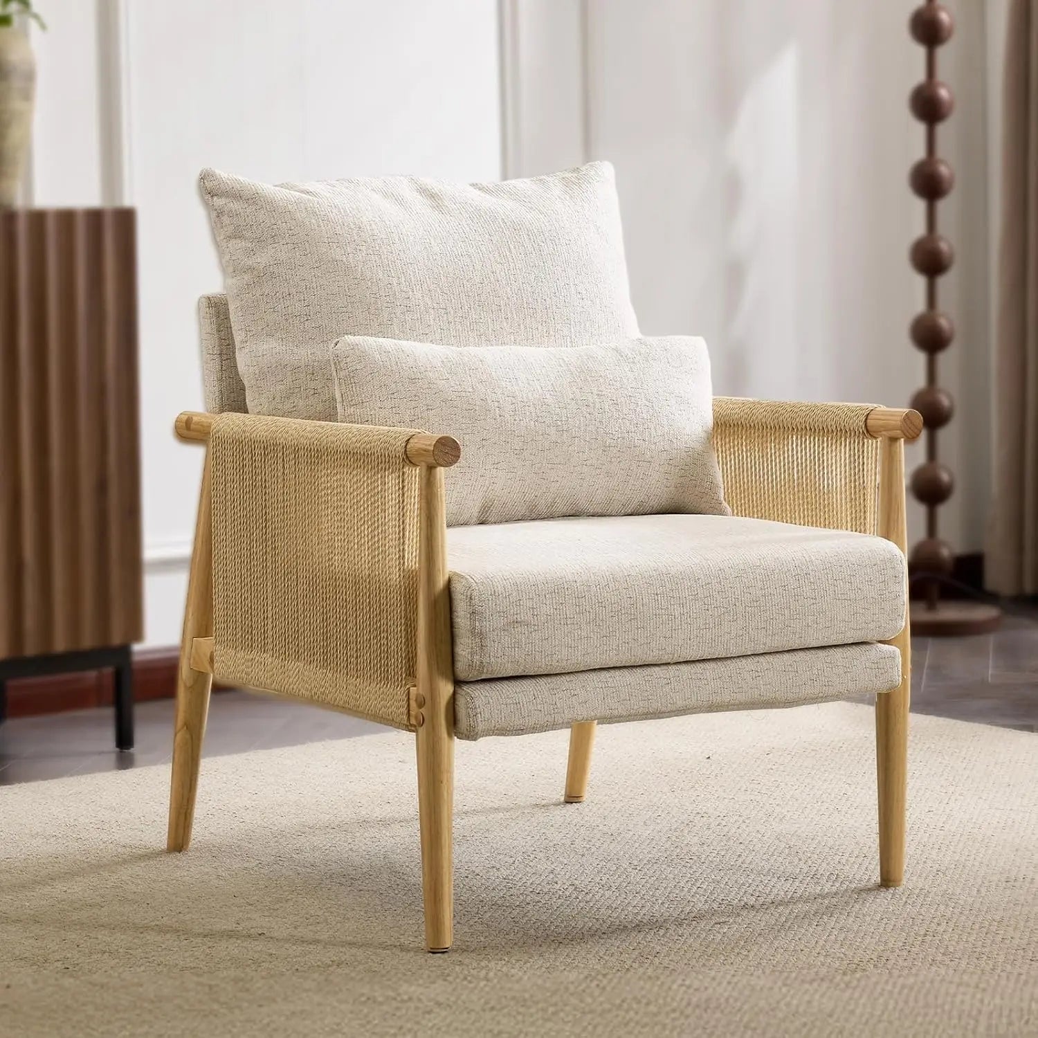 Boho Braid Accent Armchair – Mid-Century Modern Lounge Chair with Waist Pillow