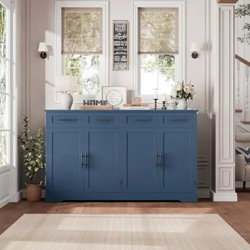 60' Modern Buffet Sideboard with 4 Drawers, Gold Handles, Blue Kitchen Cabinet