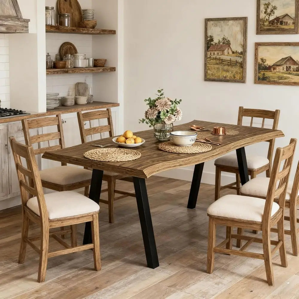 Rustic Rectangle Live Edge Dining Table, 70 L for 4-6, Modern Wood Kitchen Furniture, Metal Legs, Easy Assembly & Clean (Brown)