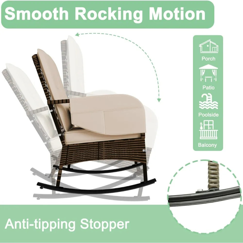 3-Piece Patio Furniture Set,Outdoor Rocking Chairs Set of 2, Patio Conversation Set with 2 Wicker Chairs with Rattan Coffee Tabl