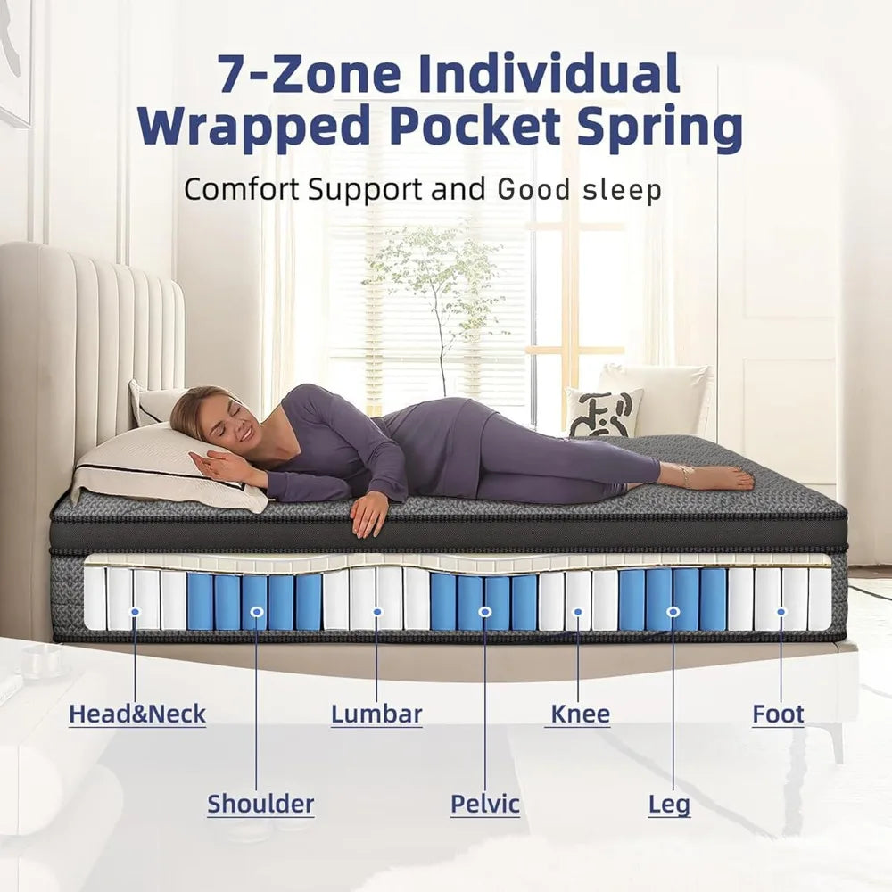 Mattress 14 Inch Hybrid Mattress in a Box，Medium Firm Mattresses with Gel Memory Foam & Pocket Springs, Pressure Relief
